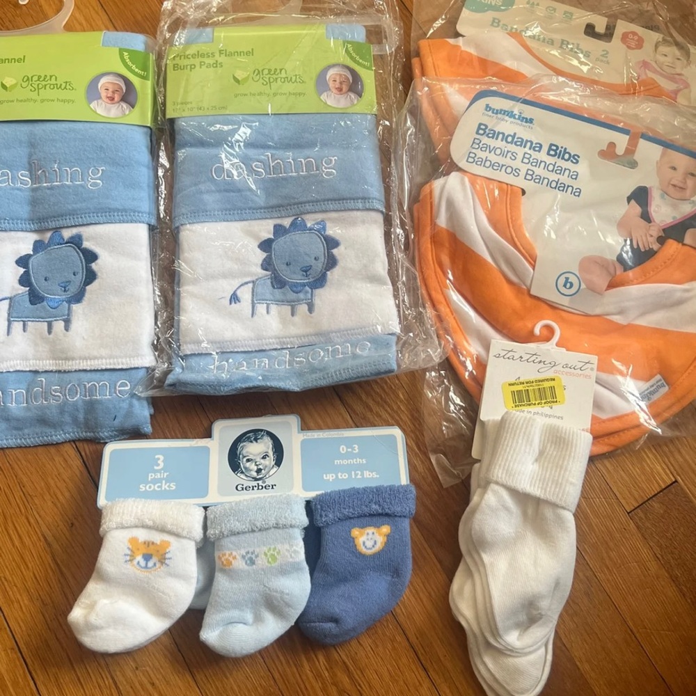 New variety of infant socks, bibs, burp cloths